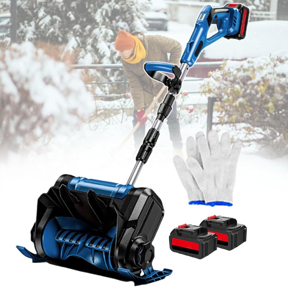 Electric Snow Shovel.Cordless Snow Blower,3000 mAh Battery Snow Thrower w/Foldable Pole + Dual Switch,3000 RPM,Cleaning Width of Up to 30 cm,for Courtyard (Blue 2batteries)