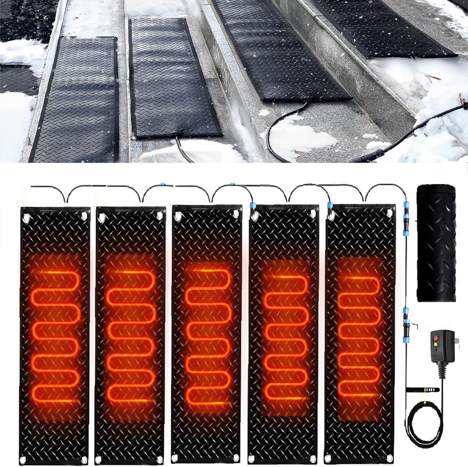 Snow Melting Mat, Heated Walkway Mat, 1/2/3/4/5 pcs Rubber Heated Mat with Power Cord, Outdoor No Slip Heated Door Mat, No More Shoveling, Salting and Slipping, for(5 Pcs-10inx35.4in (25.4x90cm))