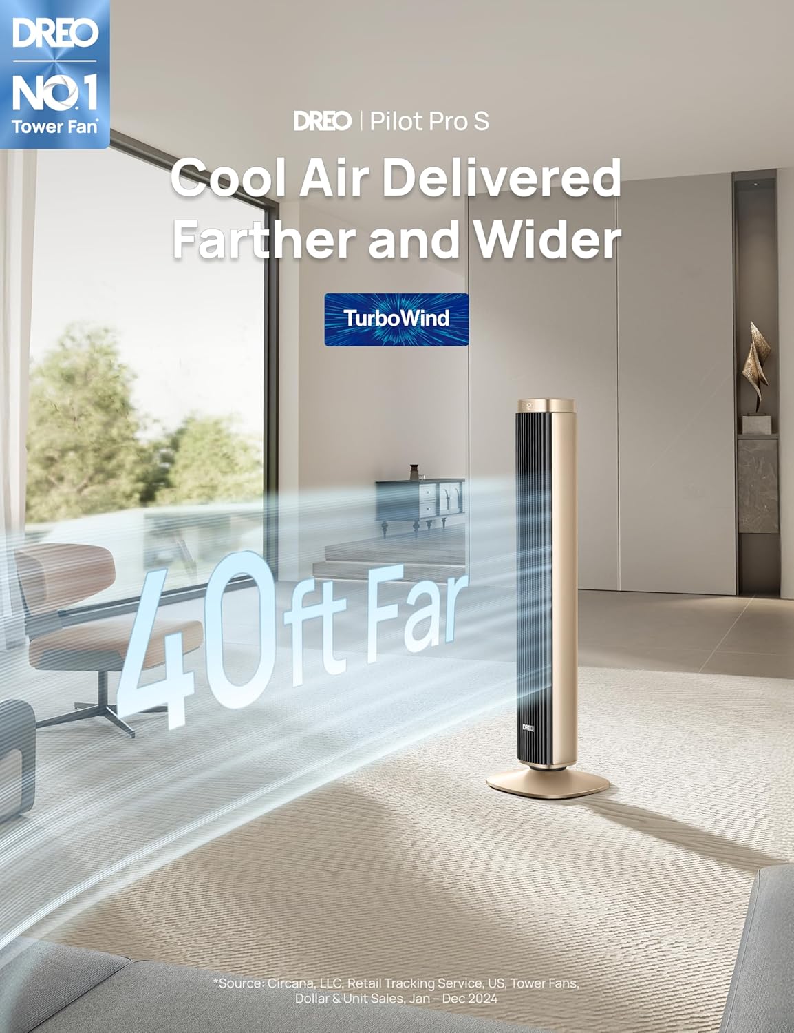 Dreo Tower Fan for Bedroom, 90° Oscillating Standing Fan with 40ft Far Airflow, 25dB Ultra Quiet DC Motor, 28ft/s Velocity, 12 Speeds, 42 inch, Smart Control, 4 Modes, 12H Timer, Pilot Pro S