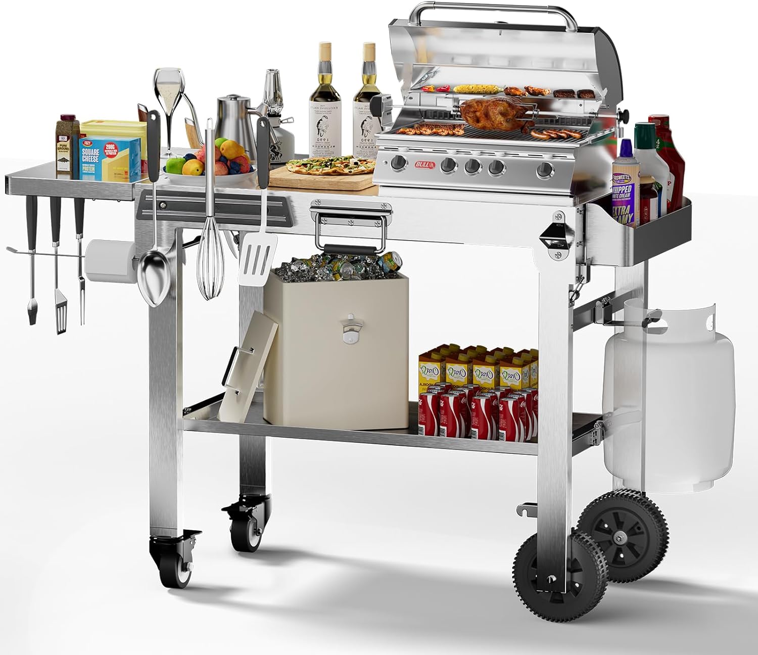 Food Grade 304 Stainless Steel BBQ Grill Carts fits 22'' Tabletop Griddle, Outdoor grill Table with 4 Foldable Legs, Portable Grill Stand for RV, Camping, Tailgating