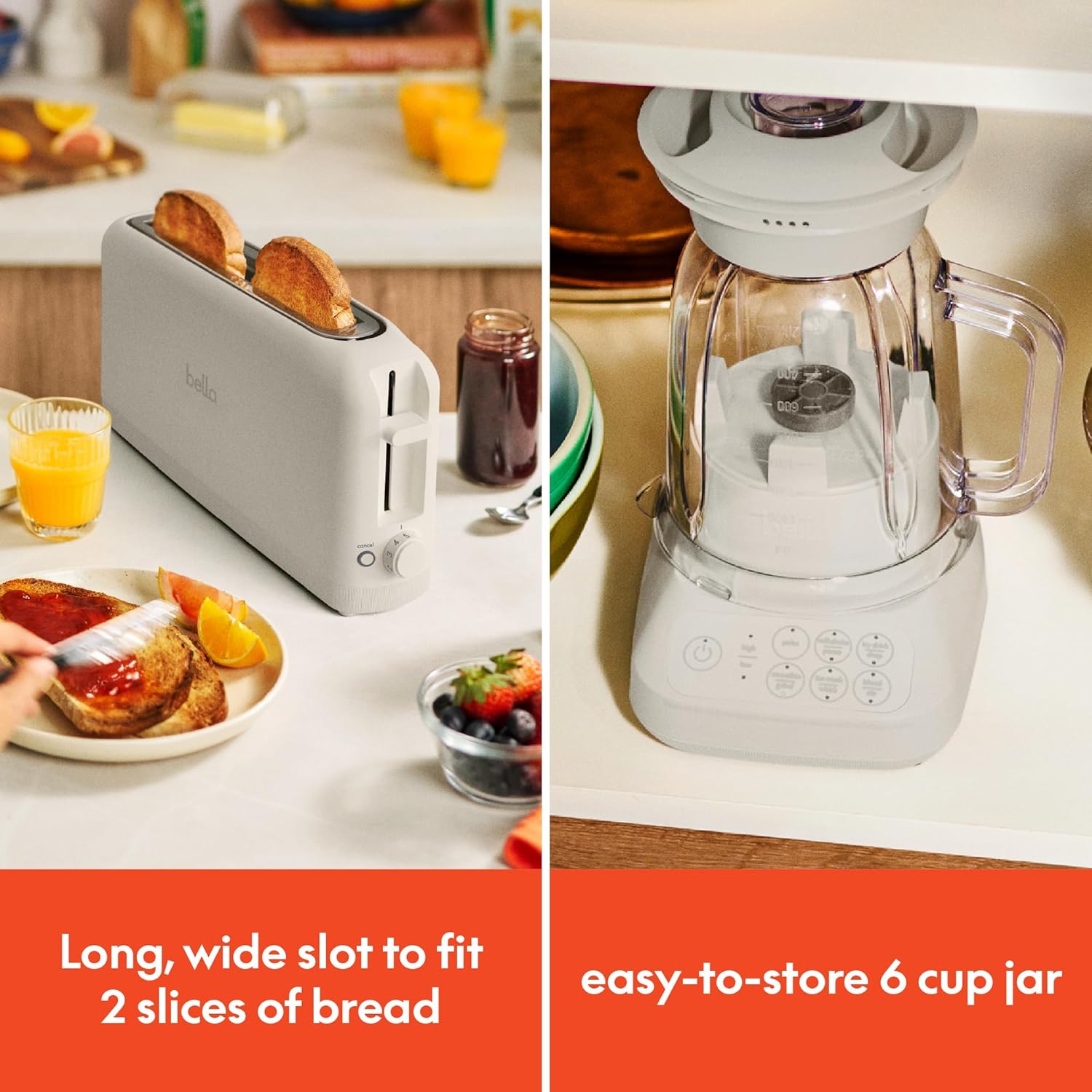 BELLA 10 speed Flip & Store Countertop Blender + 2 Slice Slim toaster, Fits-anywhere™ Kitchenware, Smart Toaster w 6 Shades Control & Smoothie Blender w 48oz Capacity Pitcher, Oatmilk