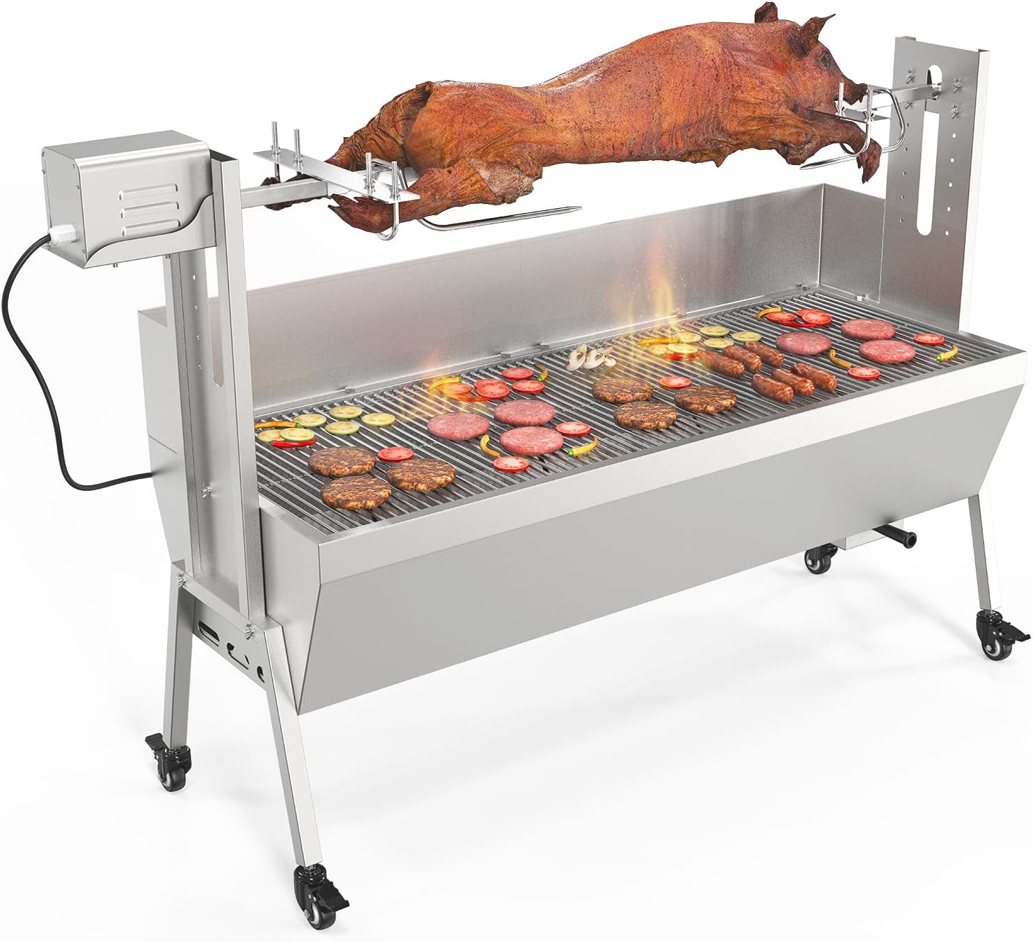 ROVSUN Rotisserie Grill Kit 46'' 176 Lbs Capacity, Electric Rotisserie Grill Pig Lamb Spit Roaster Stand w/Lockable Wheels Wind Baffle Adjustable Height, BBQ Spit Rod for Outdoor Party Camping