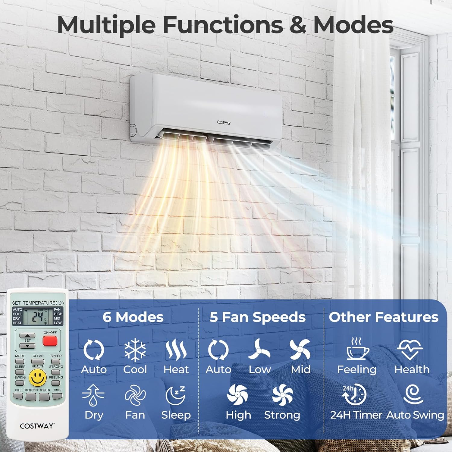 COSTWAY 30k Quad 4 Zone Mini Split Air Conditioner, 23 SEER2, 7k+7k+9k+12k BTU, 208-230V, Wifi Enabled Multi Zones Mini Split AC Heat Pump Full Set, Ductless Energy Star