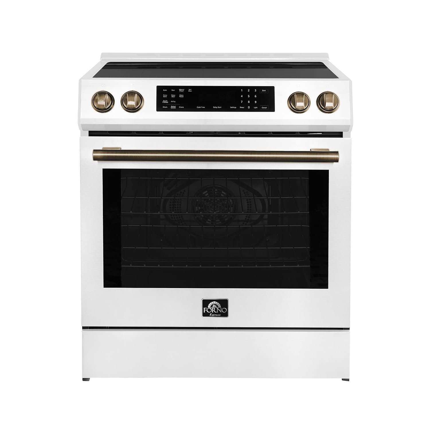 Forno Donatello 30-Inch Freestanding Induction Range, 5.0 cu.ft. – Espresso Finish with Antique Brass & Stainless Handle – LED Touch Screen, 4 Elements, Convection Oven – Model FFRBI6468-30E