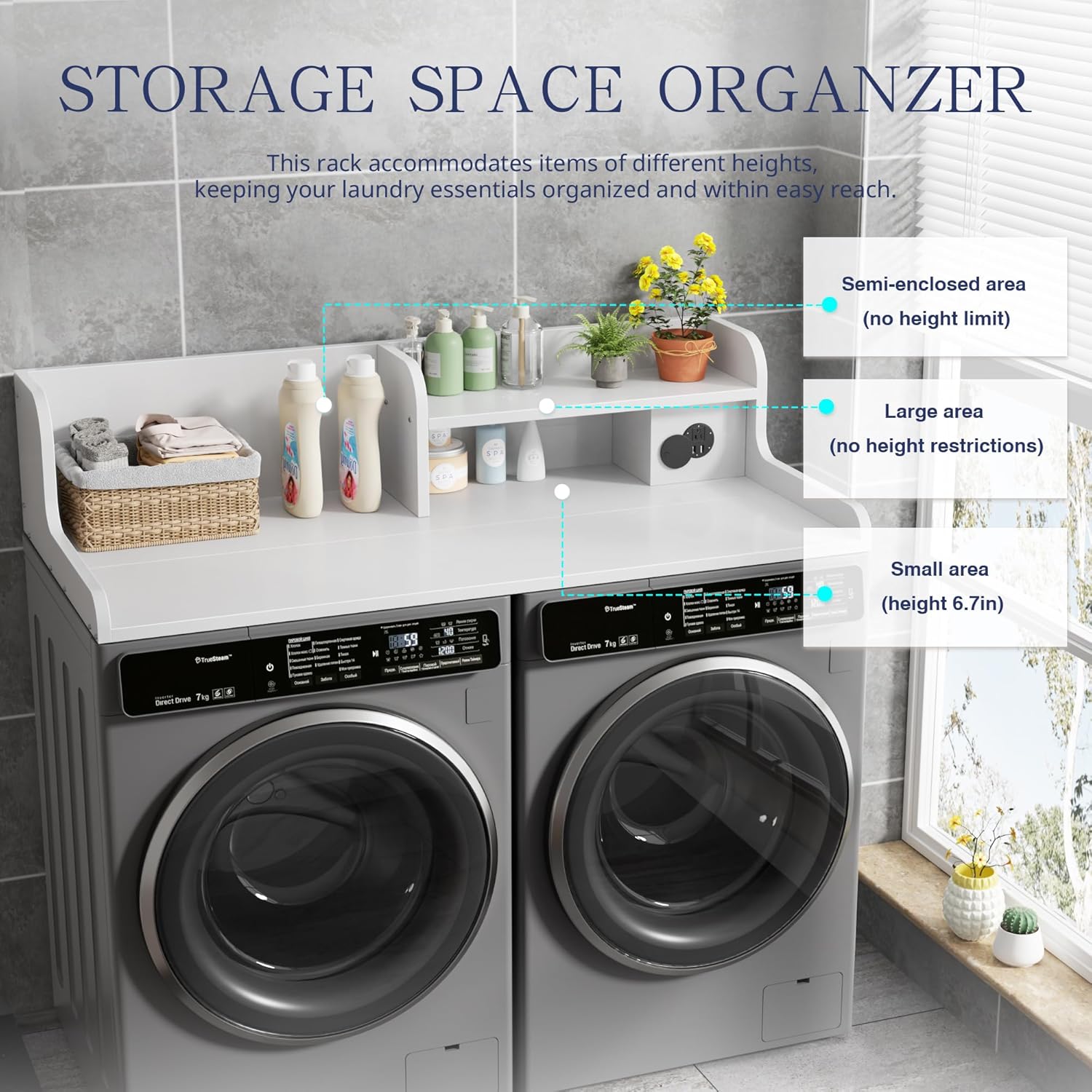 DTK Washer Dryer Countertop with Charging Station, 2 Tier Laundry Countertop with Anti-Slip Strips, 27.55