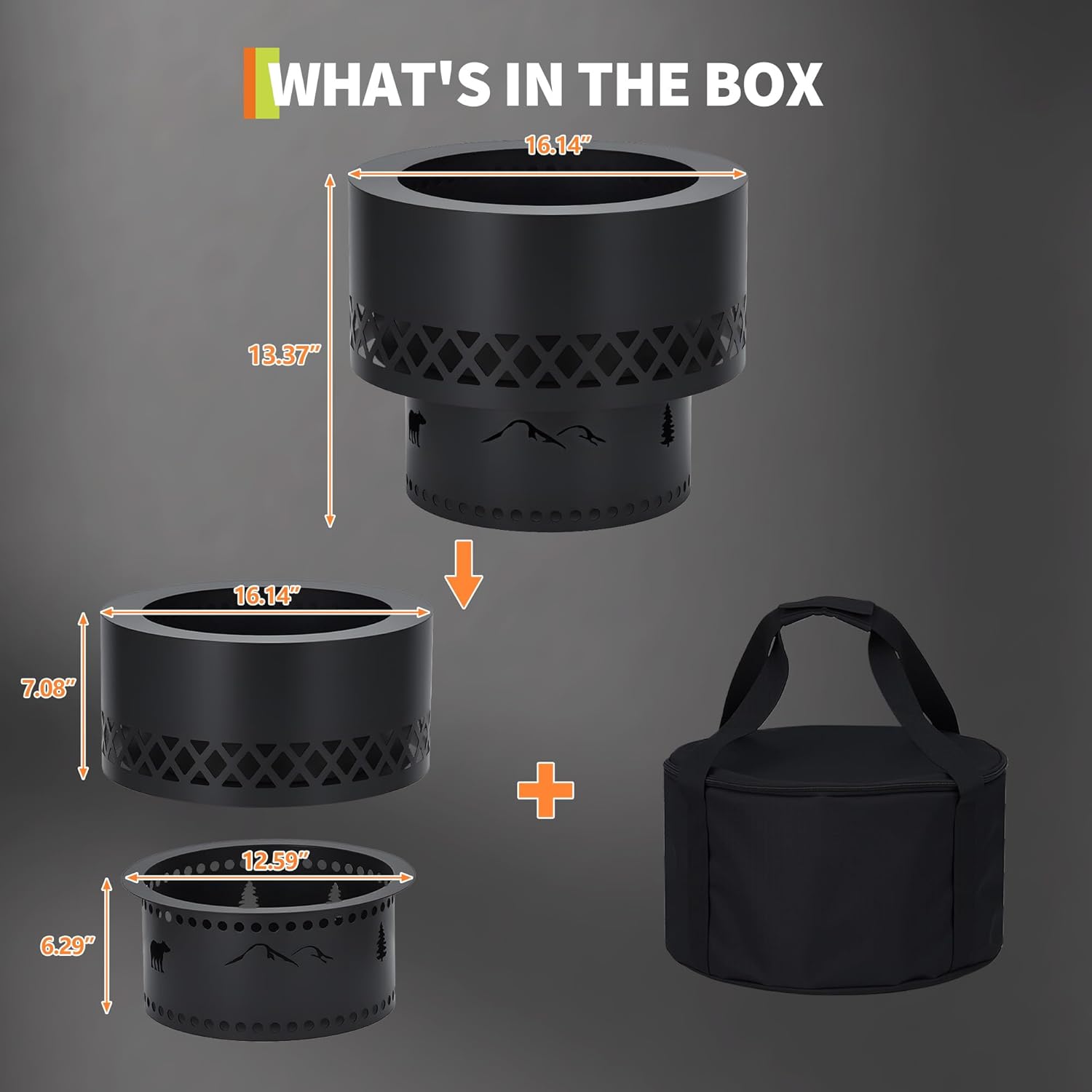 16in Smokeless Wood Burning Fire Pit Table - with Removable Ash Pan & Dust Bag, Outdoor Fireplace for Patio Camping, Bonfire, Backyard BBQ