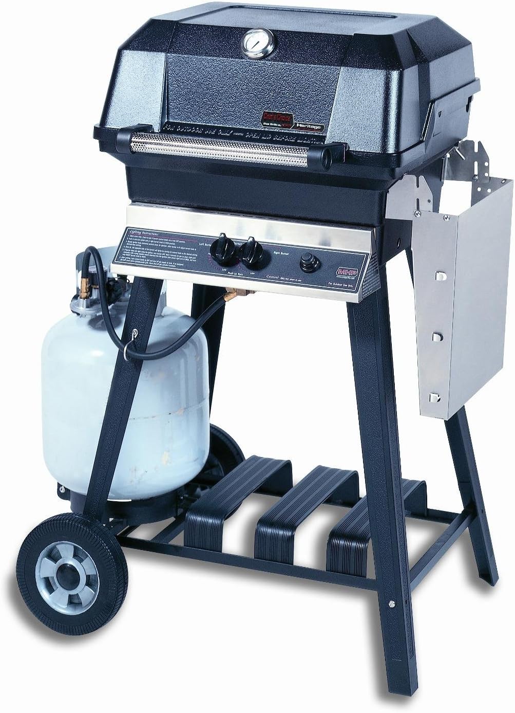 Mhp Jnr4dd Freestanding Propane Gas Grill With Stainless Steel Shelves And Searmagic Grids On Aluminum Cart