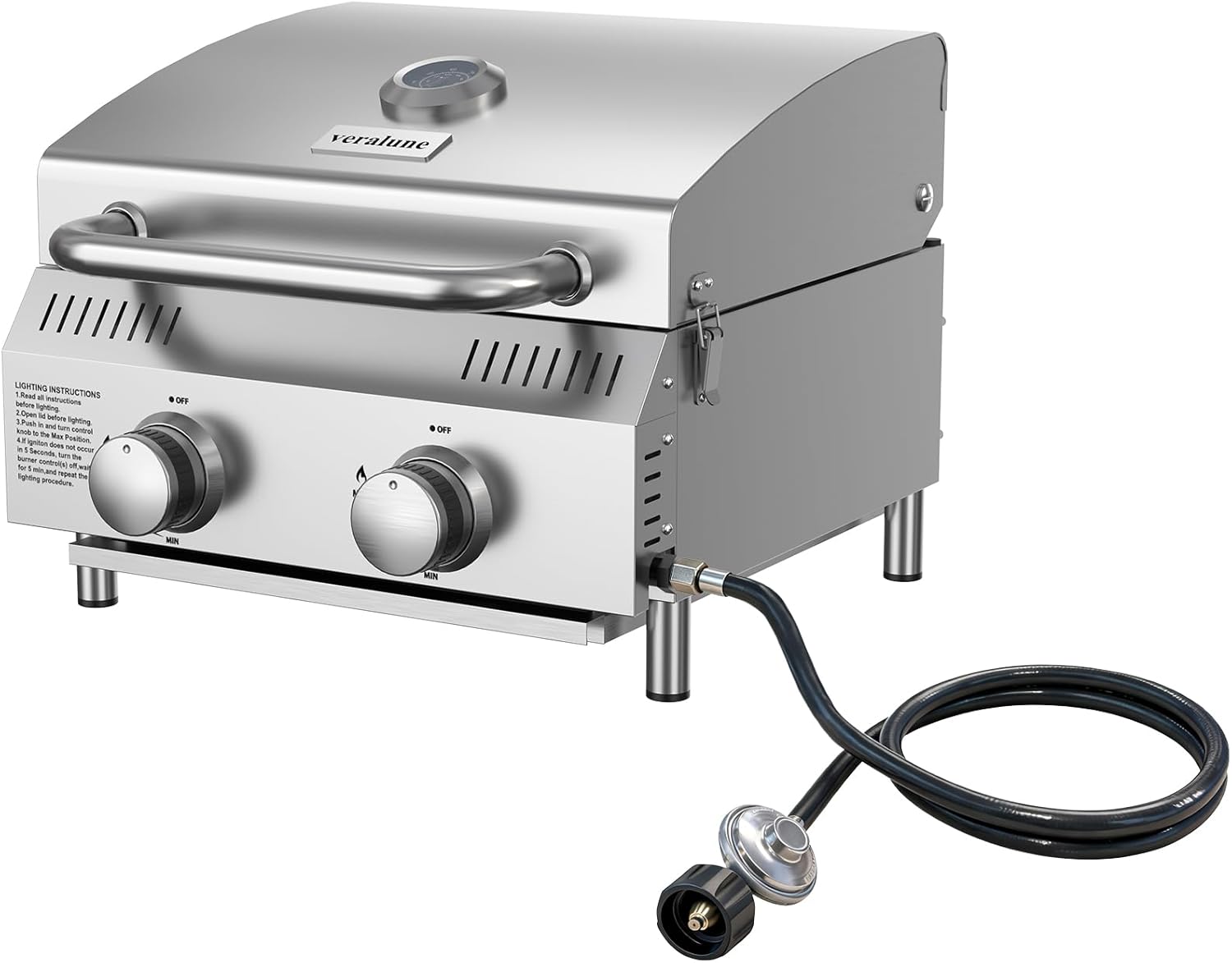 Veralune 2 Burner Tabletop Gas Grill, 20,000 BTUs Stainless Steel Portable Propane Grill with Legs, Built-in Thermometer, Travel Locks for Tailgating, Outdoor, Camping, RV Trips