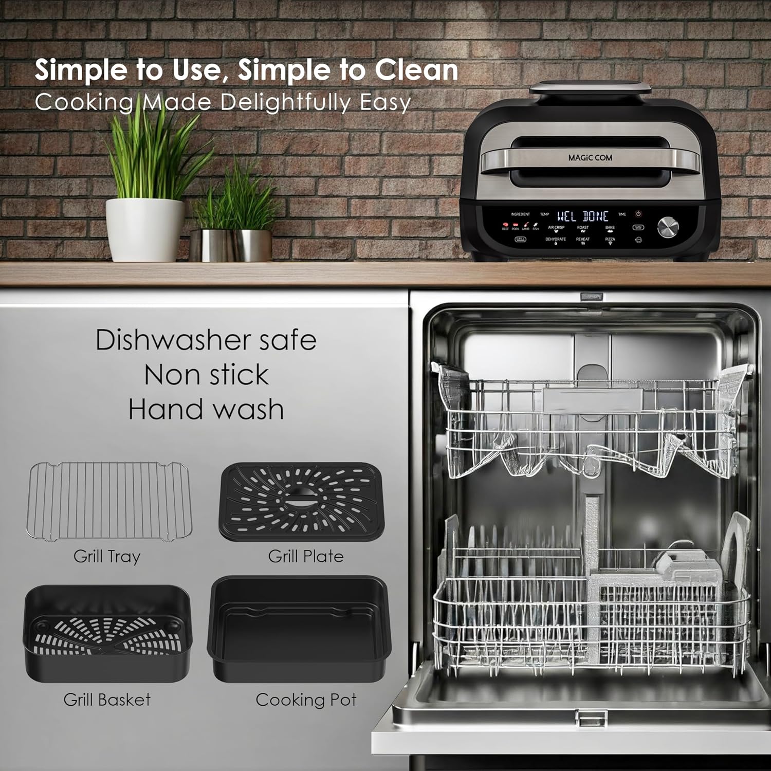 MAGiC COM Indoor Grill Air Fryer Combo, 7-in-1 Electric Grill with Steak, Roast, Air Crisp, Bake, Dehydrate, Pizza and Reheat. Smart Thermometer, Non-Stick, Dishwasher Safe/Black