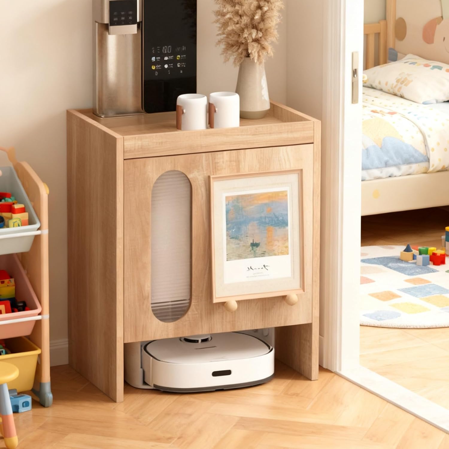 Robot Vacuum Storage Rack Wooden Bedside Table Modern Side Table Storage Cabinet Pull-Out Top Panels Accent Side Tables For Bedroom Living Room Dorm Room Hallway Multi Scenario Use(Natural)