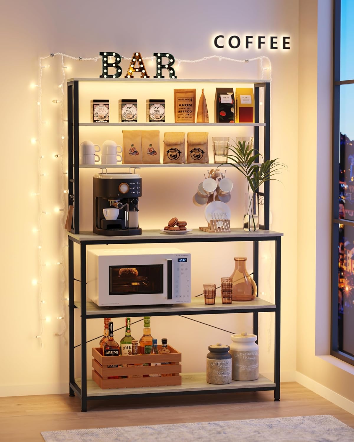 VASAGLE Coffee Bar, 39.4 Inches Baker's Rack for Kitchen with Storage, 6-Tier Kitchen Shelves with 6 Hooks, Microwave Stand, Industrial, Heather Greige and Ink Black UKKS039K02