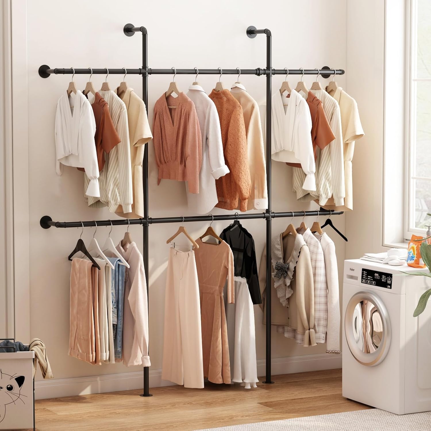 Industrial Pipe Clothing Rack Wall Mount, Black Pipe Clothes Rack with 6 Hanging Rods, Heavy Duty Pipe Clothing Rack for Laundry Room, Closet Systems for Walk in Closets