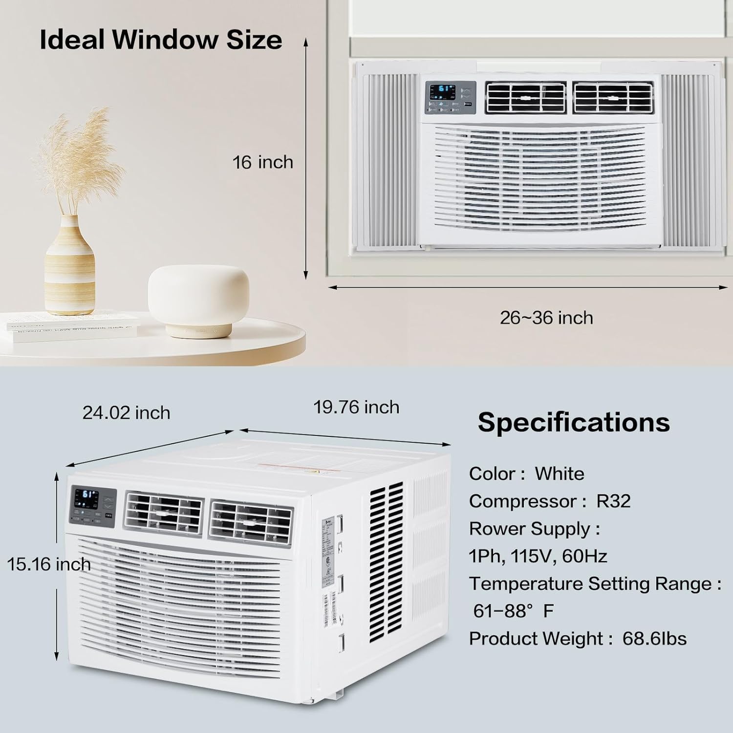 ROVSUN 8000 BTU Air Conditioner Window Unit with Heat, 4-in-1 Window AC Unit Cooler, Heater, Dehumidifier & Fan with Timer, Remote Control & Installation Kit for Rooms up to 350 Sq. Ft, 115V/60Hz