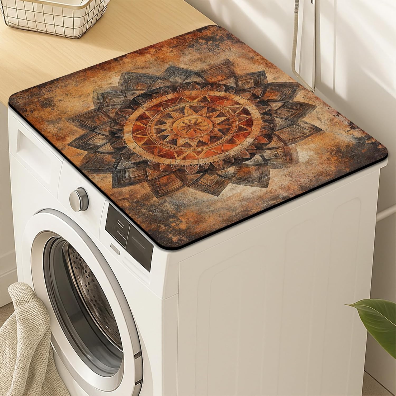 Rustic Mandala Washer Dryer Top Protector Mat, Vintage Artistic Laundry Machine Dust Covers, Rubber Anti-slip Waterproof Mats for Laundry Room 24x24 Inch