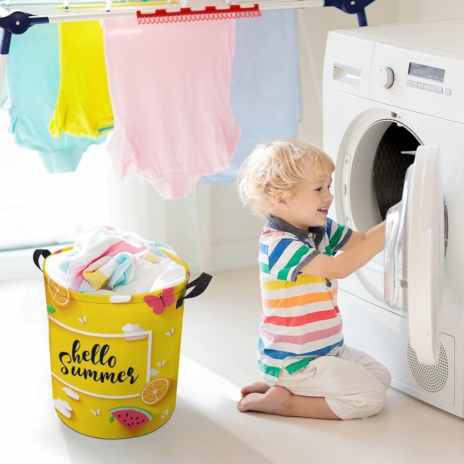 Kuizee Laundry Basket Collapsible Clothes Hamper Hello Summer Fruit Yellow Washing Bin Waterproof Round Oxford Cloth Storage Baskets for Bedrooms Clothes Toys,17.3x13.8 Inch
