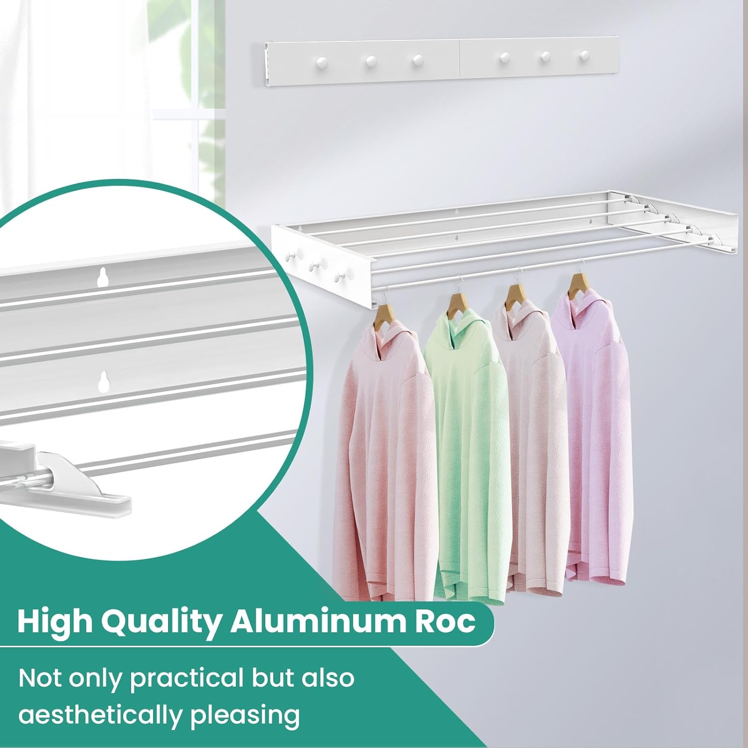 Upgrade 6 Knob Wall Mounted Clothes Drying Rack, Foldable Collapsible, Indoor, Clothing & Towel Drying Rack with Wall Template, 5 Rods, 31.5