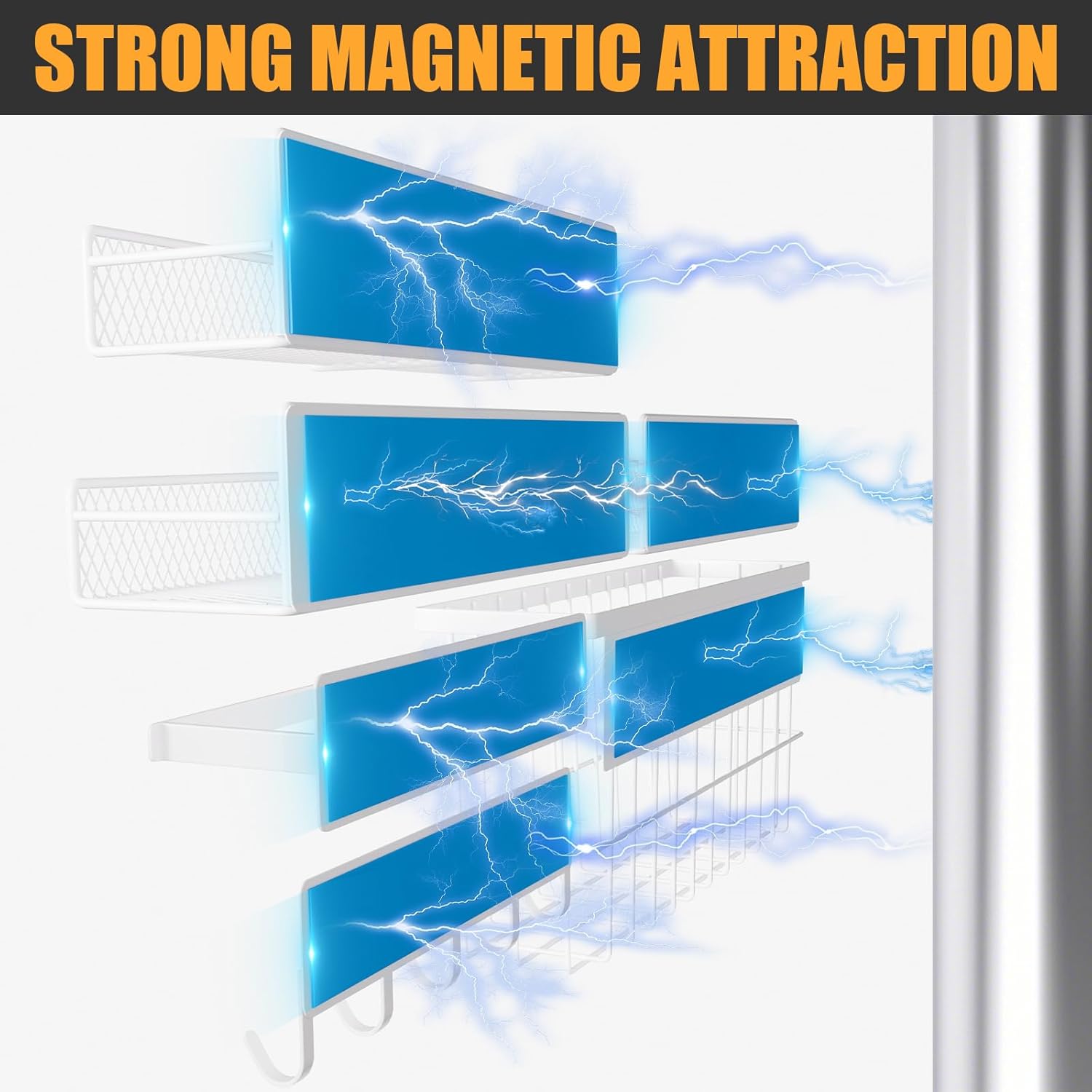 6-Pack Magnetic Shelves for Washing Machine & Refrigerator, Heavy-Duty Laundry Organizer with Hanger Holder & Deep Baskets, Metal Storage System for Laundry Room (White)