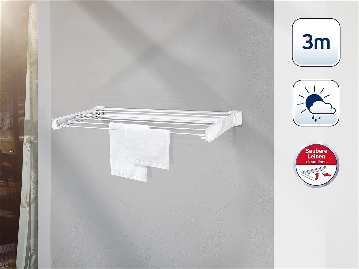 Leifheit Telegant 30 Protect Wall Dryer – Foldable Indoor/Outdoor Clothes Drying Rack with 5 x 60 cm Bars, 3m Drying Space, Compact & Sturdy Laundry Airer, White, Easy Wall-Mount Design