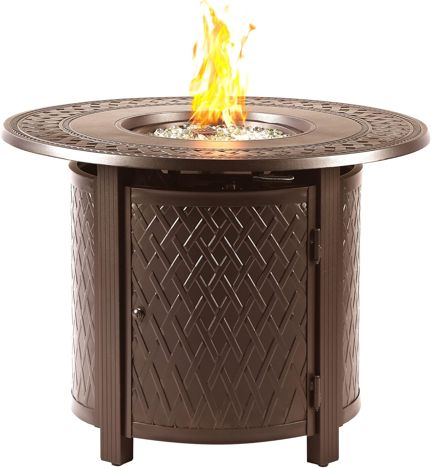 Round 34 in. x 34 in. Aluminum Propane Fire Pit Table with Glass Beads, Two Covers, Lid, 37,000 BTUs in Brown Finish