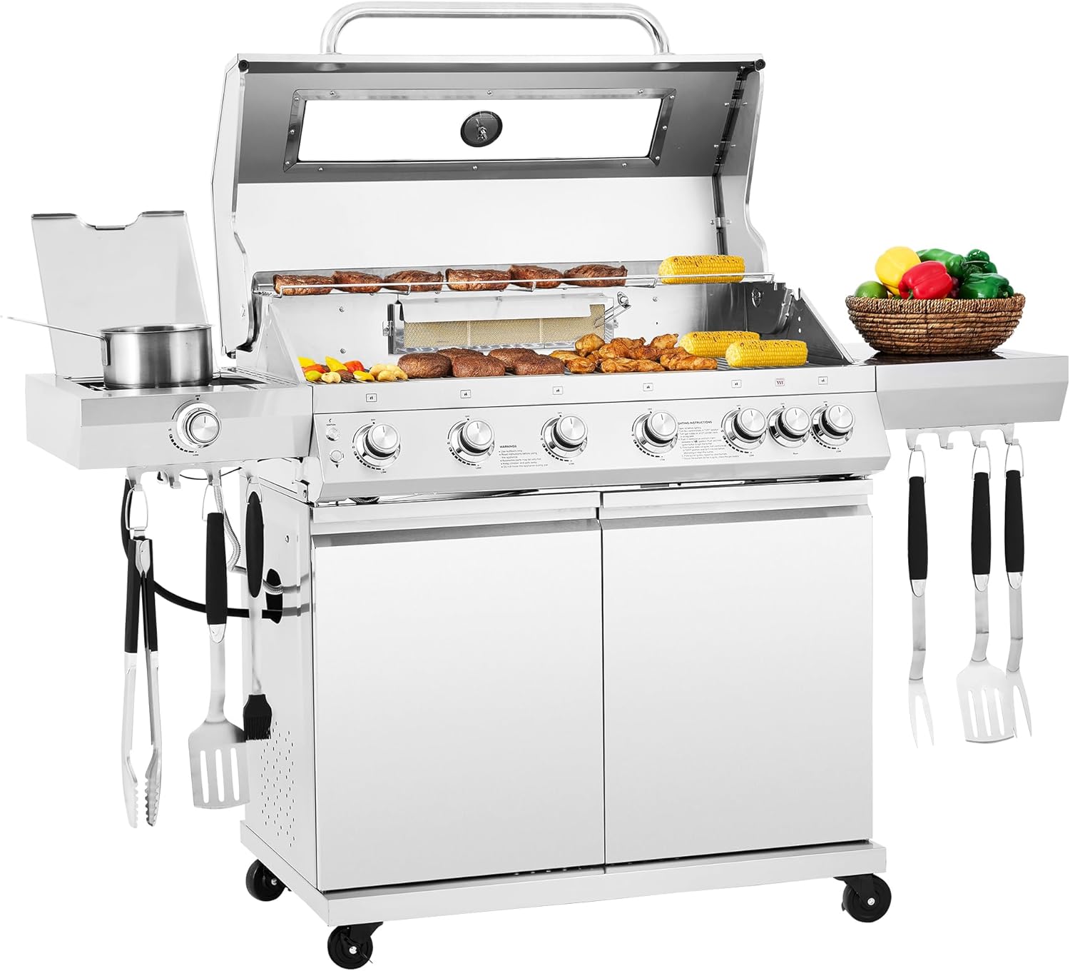 GEA6001S Deluxe Stainless Steel 6-Burner Gas Grill with Side & Infrared Rear Burners, 96,000 BTU, 891 Sq. In. Cooking Area, LED Knobs & Glass View Window, for Outdoor Cooking, Silver