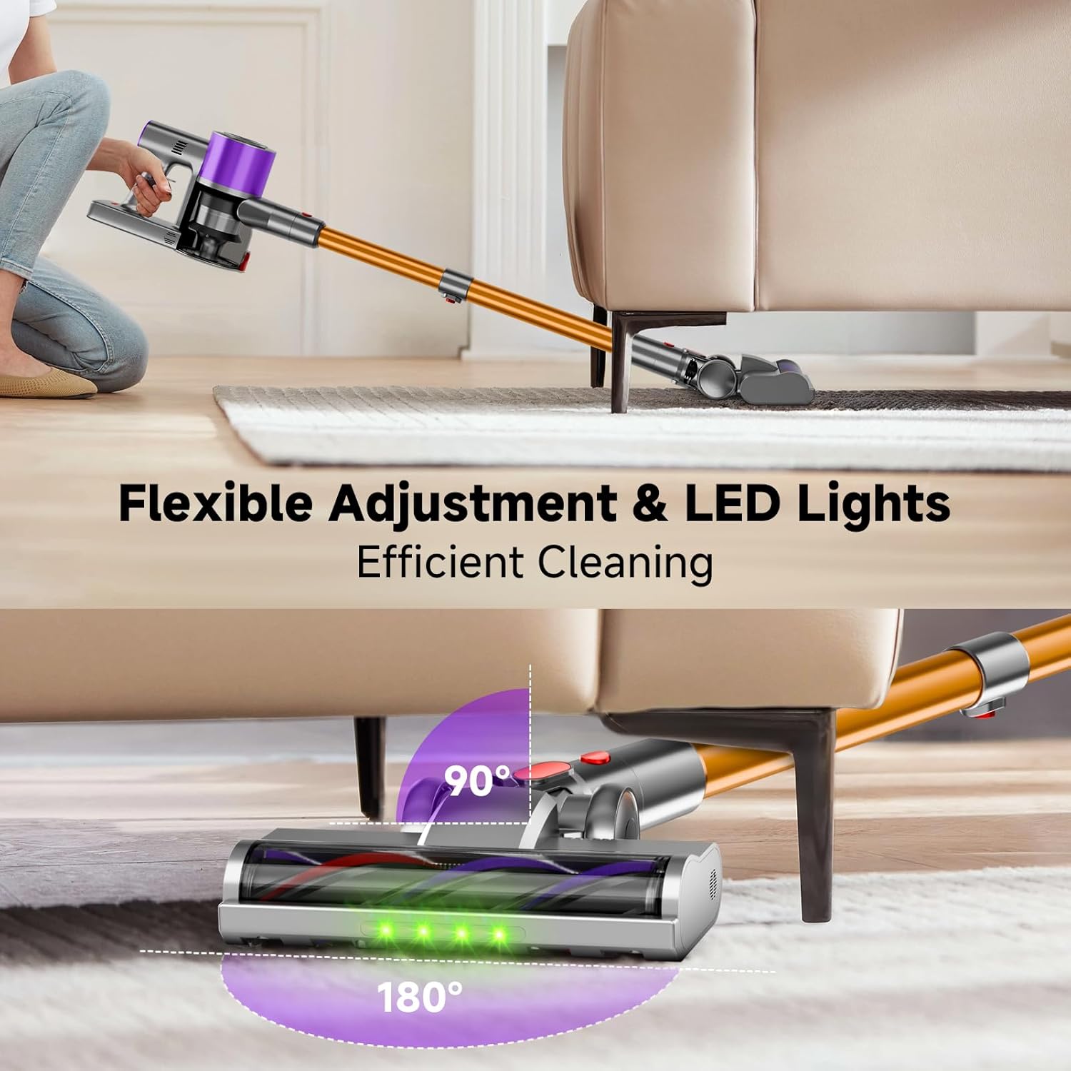 Cordless Stick Vacuum Cleaner, 38Kpa Powerful Suction Vacuum Cleaner with LED Headlight, Detachable Battery, 8-in-1 Lightweight Handheld Vacuums for Pet Hair Carpet and Hardwood Floor, Purple