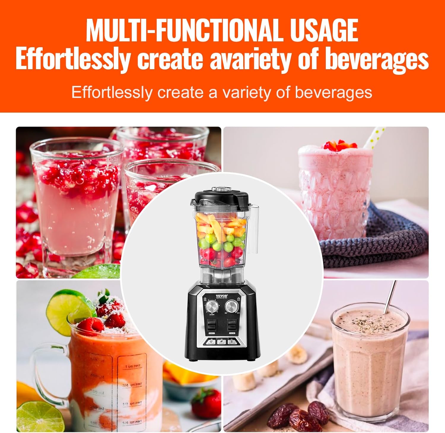 VEVOR Professional Blender, Commercial Countertop Blenders, 68 oz Jar Blender Combo, Stainless Steel 3 Functions, for Frozen Drinks, Shakes, Smoothies, Peree, and Crush Ice, Black