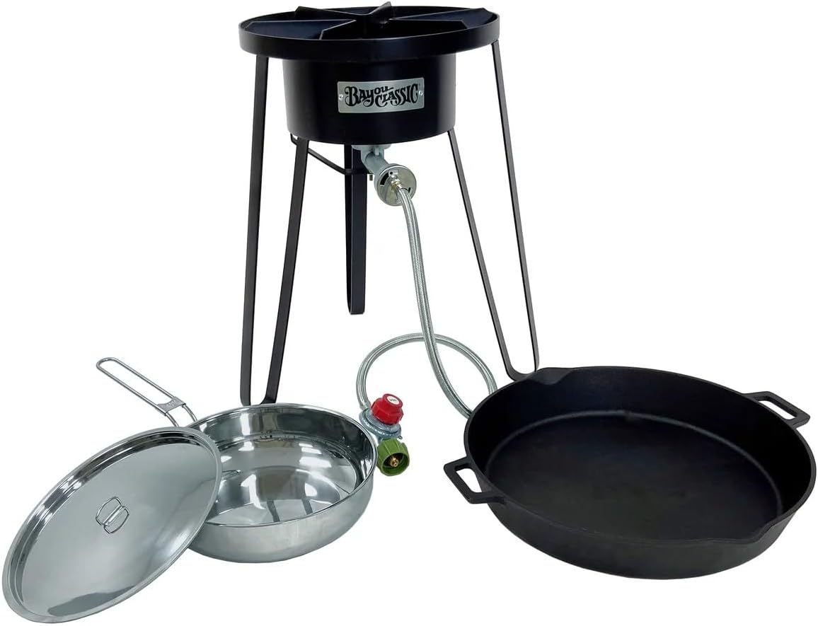 Bayou Classic Outdoor Cooking Combo – High Pressure Burner, 10-in Stainless Skillet w/Lid & 16-in Cast Iron Skillet – Backyard & Camp Ready