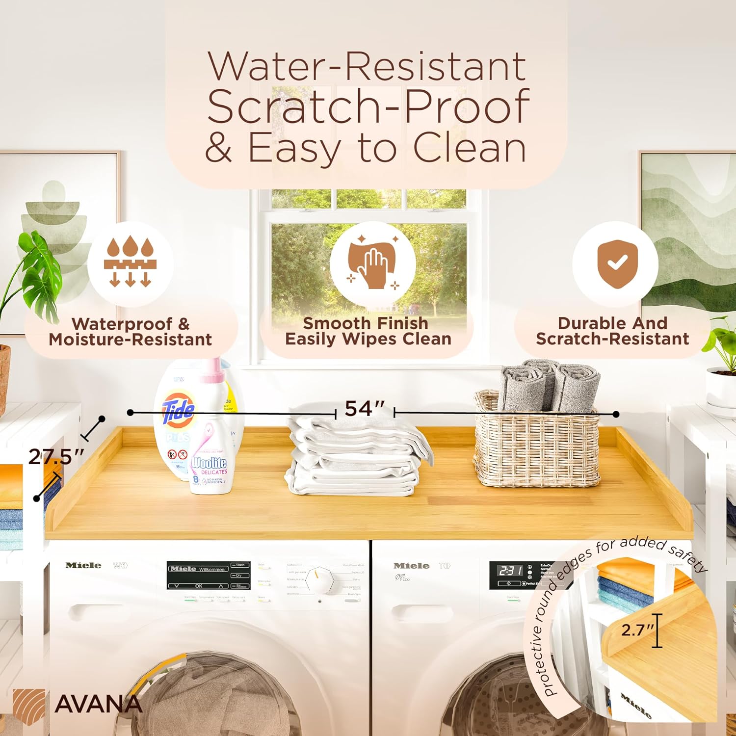 Avana (100% Natural Solid Wood Washer Dryer Countertop – Oak Pine Laundry Countertop with Raised Edges, 54” x 27.5” Counter Top for Washer and Dryer, Laundry Room Organizer & Tabletop