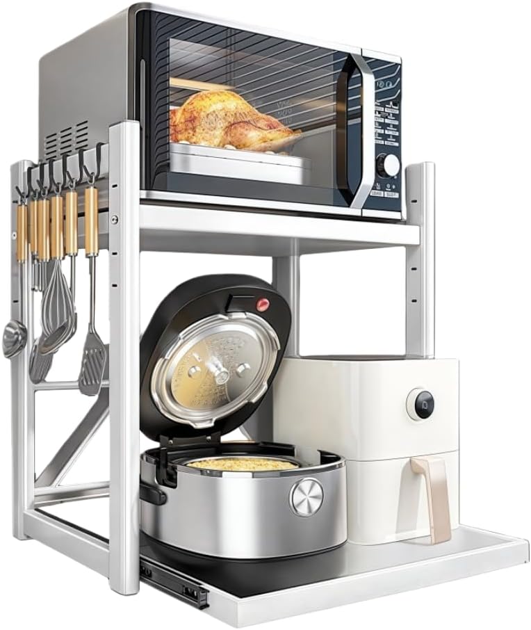 2-Tier Adjustable Kitchen Shelf with Sliding Tray – Metal Countertop Rack for Microwave, Rice Cooker, and Small Appliances – Storage Organizer Stand for Pantry or Kitchen Counter (White, Small)