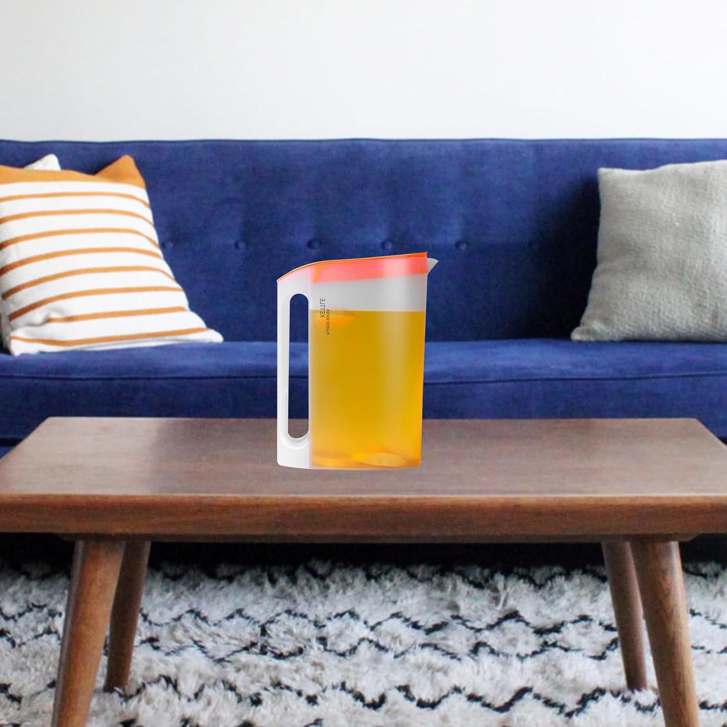 Large Capacity Plastic Water Pitcher with Handle 2200Ml Water Kettle with Orange Lid for Household Cold Beverage Serving and Summer Tea