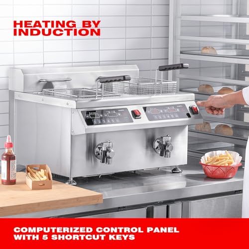 EGGKITPO Induction Fryer 24L Dual Tank Deep Fryer with Basket and Lid Countertop Electric Fryer with Timer and Oil Drain Stainless Steel Commercial Fryer for Large Restaurant and Business 120V 3600W