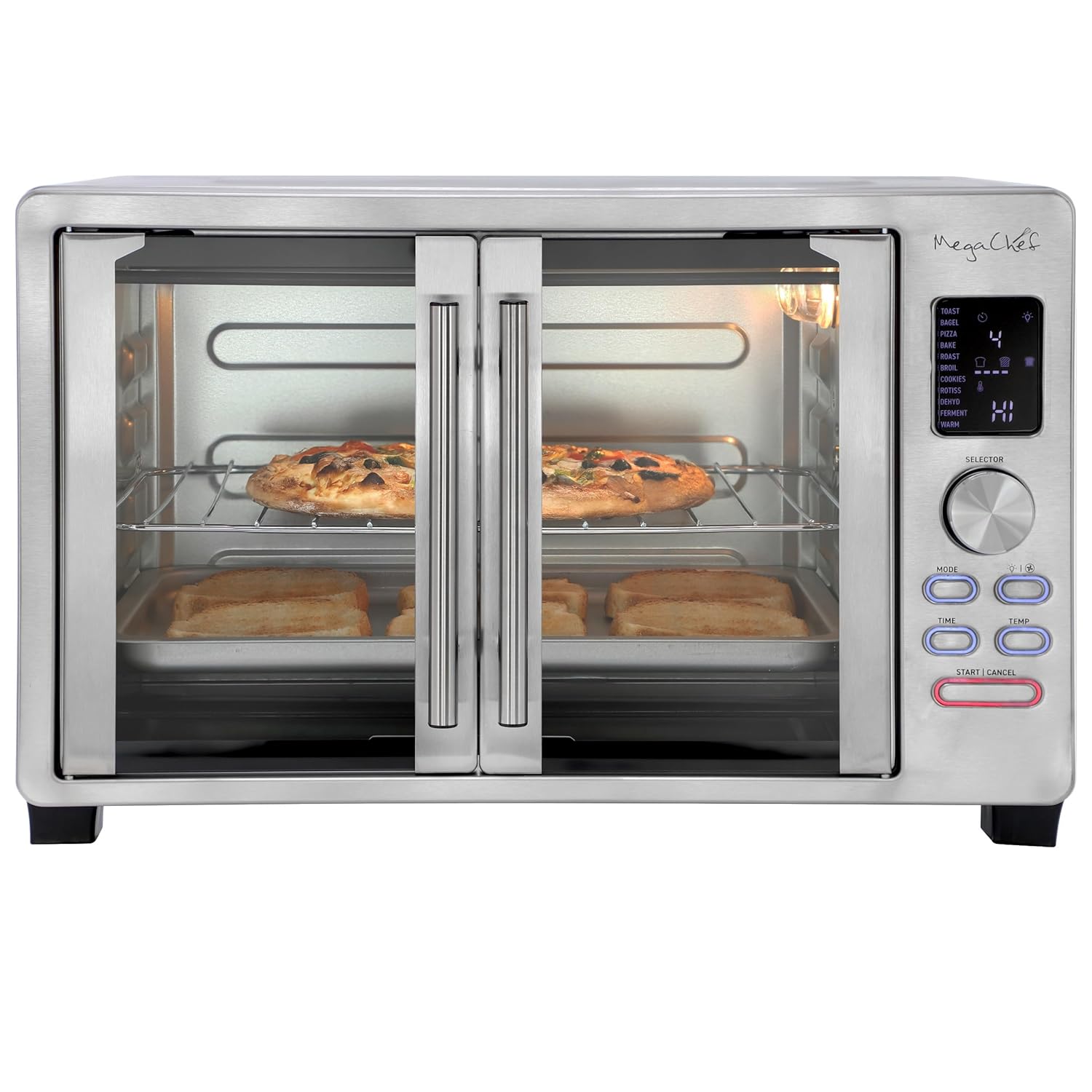 MegaChef 30 Quart Digital French Door Multi-Function Convection Toaster Oven with Rotisserie Set & Toast, Bagel, Pizza, Bake, Roast, Broil, Cookies, Dehydrate & More Presets