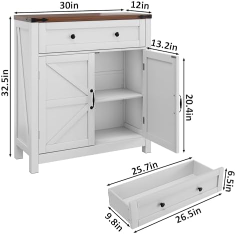 Farmhouse Storage Cabinet with 2 Doors, White Kitchen Cabinet with Walnut Countertop, Freestanding Floor Storage Cabinets Hutch Cupboard