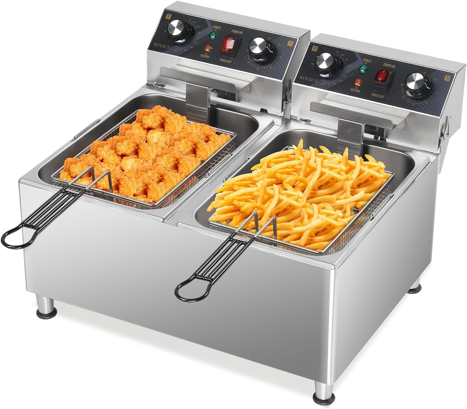 ROVSUN 36QT Electric Deep Fryer w/ 60-Min Timer 240V, 6600W Dual Tank Commercial Deep Fryer w/Overheat Protection, Temperature Control & Baskets, Stainless Steel Countertop Fryer for Restaurant