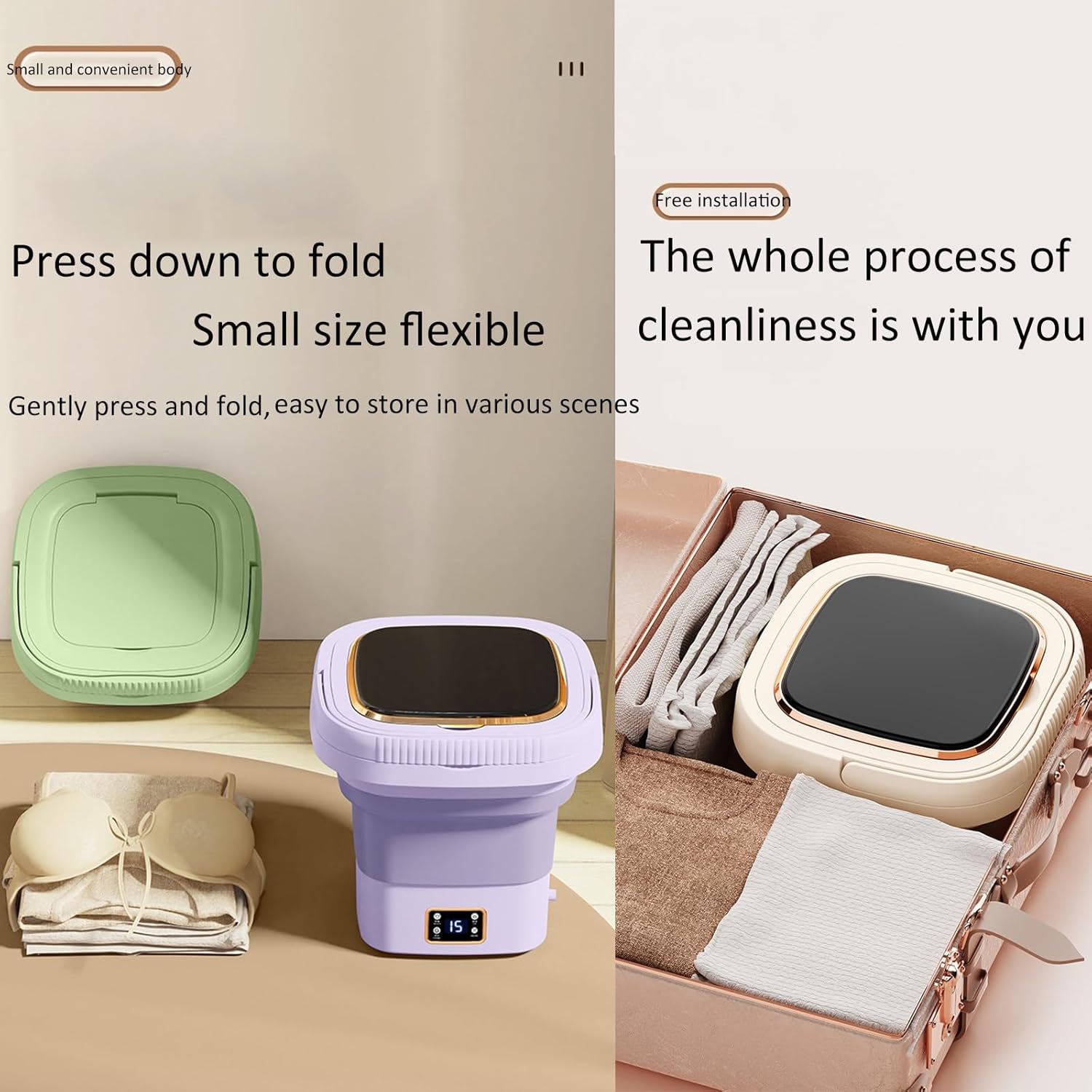 Portable Washing Machine, Mini Washer Foldable, Baby Washing Machine, Washing and Draining All in One, With Spin Cycle Basket, for Camping, Traveling, Apartments, Dorms, Rvs-110v ( Color : Beige , Siz