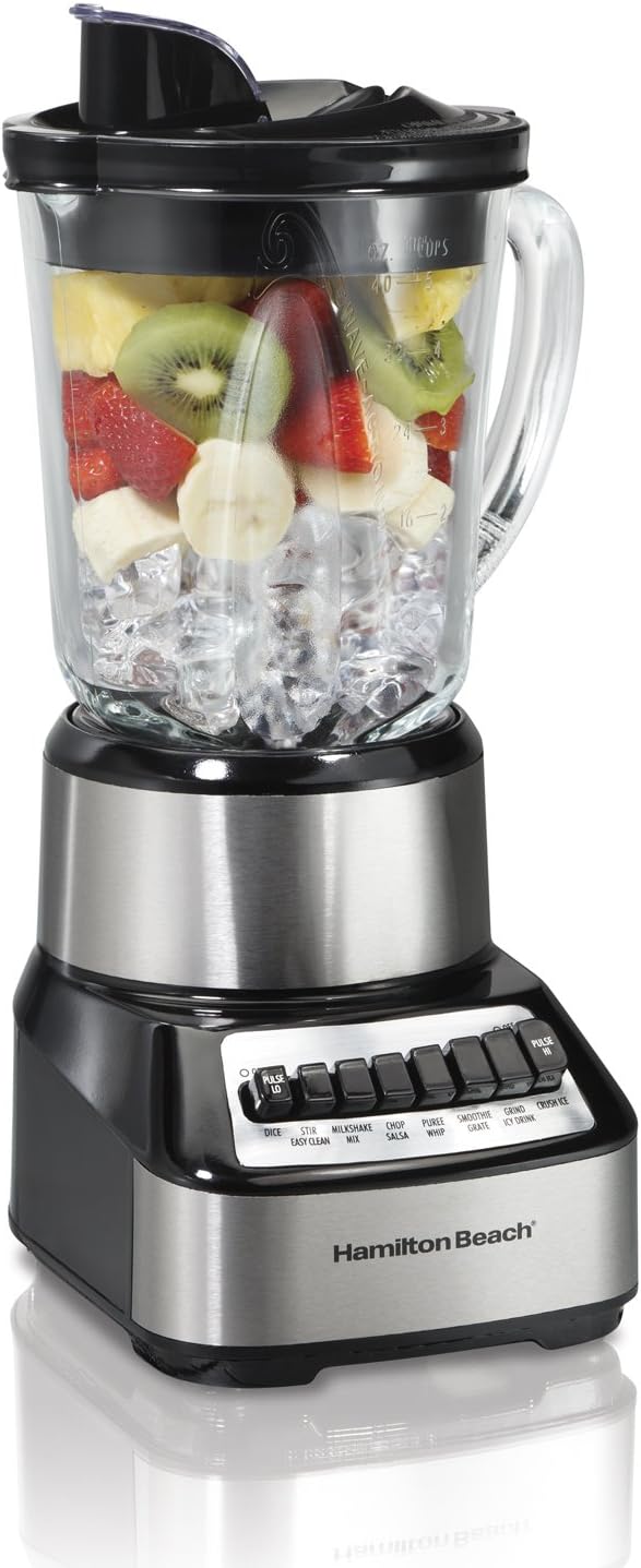 Hamilton Beach Wave Crusher Blender For Shakes and Smoothies With 40 Oz Glass Jar and 14 Functions, Ice Sabre Blades & 700 Watts for Consistently Smooth Results, Black + Stainless Steel (54221)