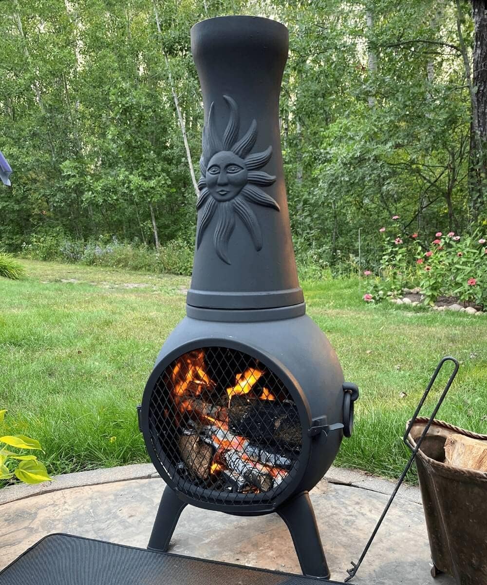 Sun Fire Outdoor Chiminea Fireplace by The Blue Rooster - Cast Aluminum Deck or Patio Firepit 44