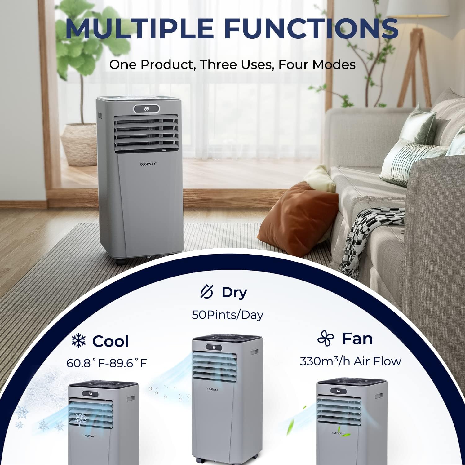 COSTWAY Portable Air Conditioner, 10000BTU Air Cooler with Drying/Fan/Sleep Mode, 2 Speeds, 24H Timer, Remote Control, Portable AC for Home & Office, Cools Room up to 350 Sq. Ft, Window Kit Included