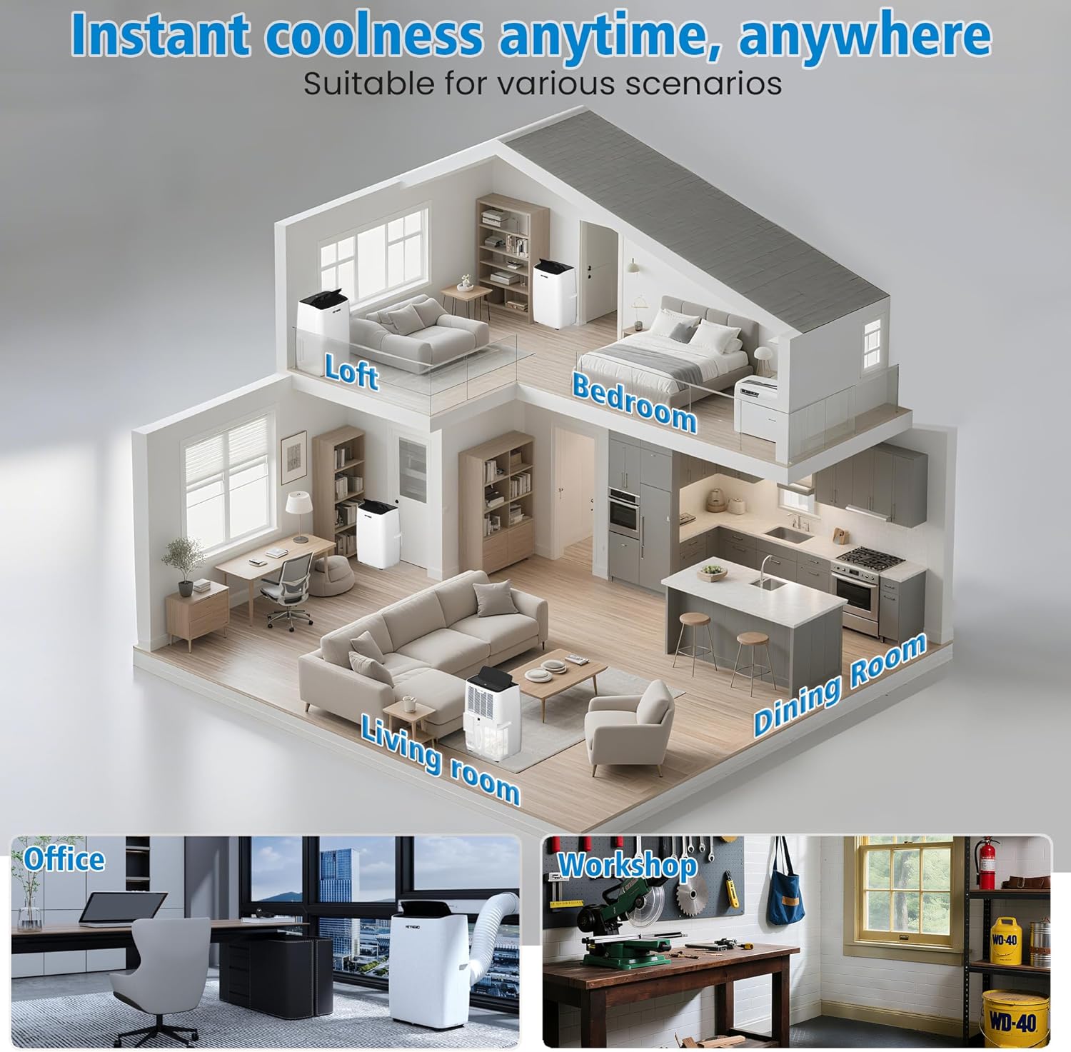 Heynemo 14,000 BTU 3-in-1 Portable Air Conditioner with Heat, Dehumidifier & Fan, Smart WiFi Control, Quiet AC for Bedroom, Office, Living Room, Easy Install, White