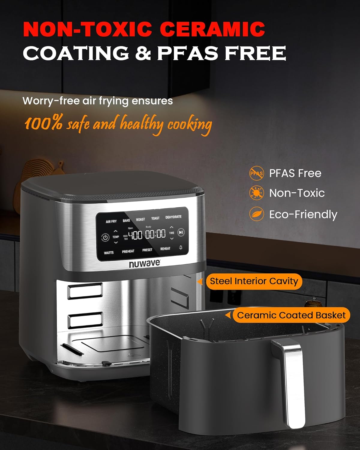 Nuwave Brio Plus 6-in-1 Air Fryer, 7-Qt Large Capacity, 50°F–400°F Precise Temp Control, Non-Toxic PFAS-Free Nonstick, Air Fry, Bake, Roast, Toast, Dehydrate, Reheat, 100 Presets, Dishwasher Safe