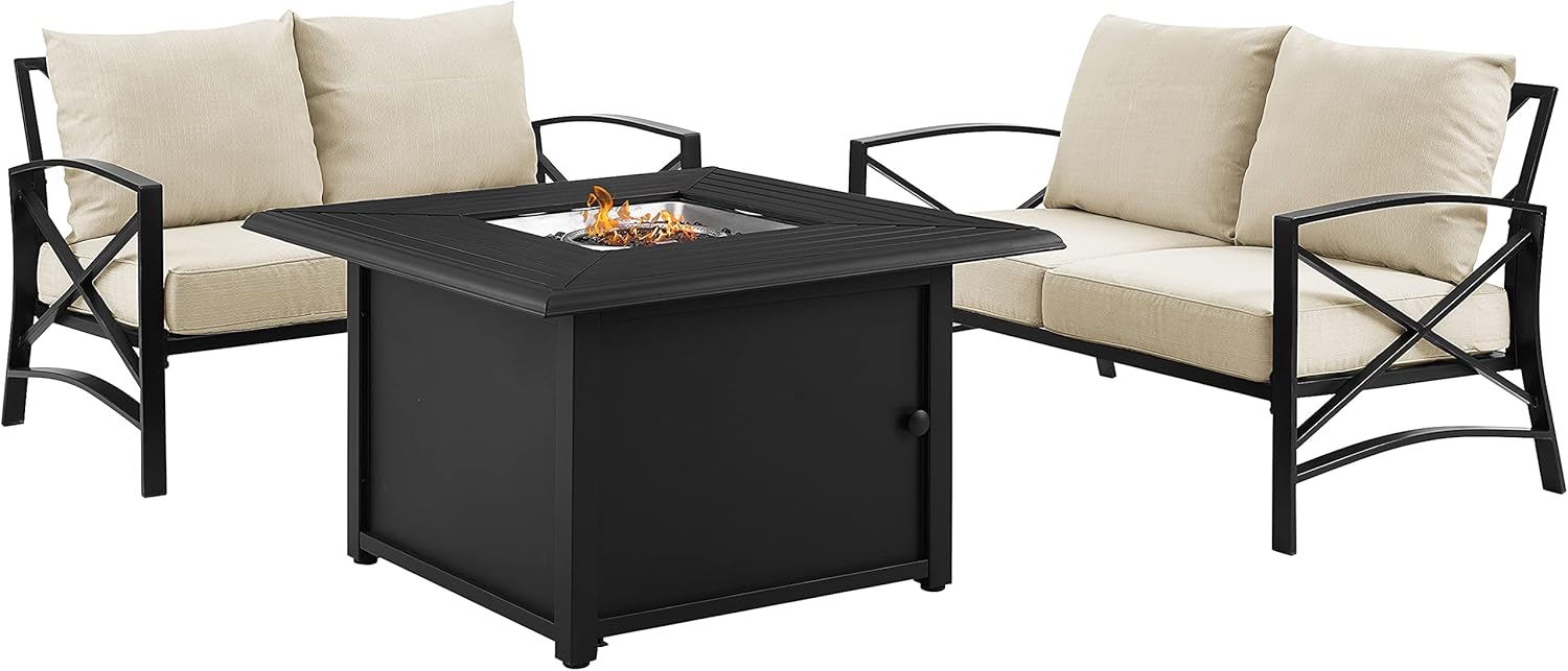 Crosley Furniture Kaplan 3-Piece Outdoor Loveseat Patio Furniture Set with Propane Gas Fire Pit Table, Oiled Bronze with Oatmeal Cushions