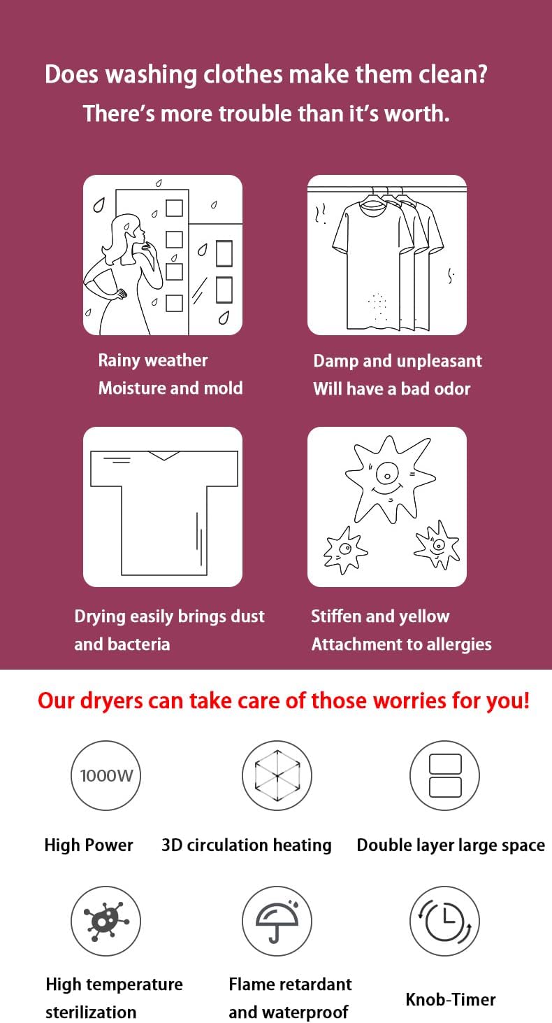 1000W Portable Clothes Dryer with Dryer Bag for apartments, RV, Travel(US plug)