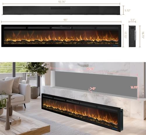 95 Inch WiFi-Enabled Recessed Electric Fireplace Inserts with Log Speaker,Wall Mounted & Freestanding Fireplace Heater,13 Adjustable Colors,5 Brightness Levels,Timer,750/1500w, Log & Crystal