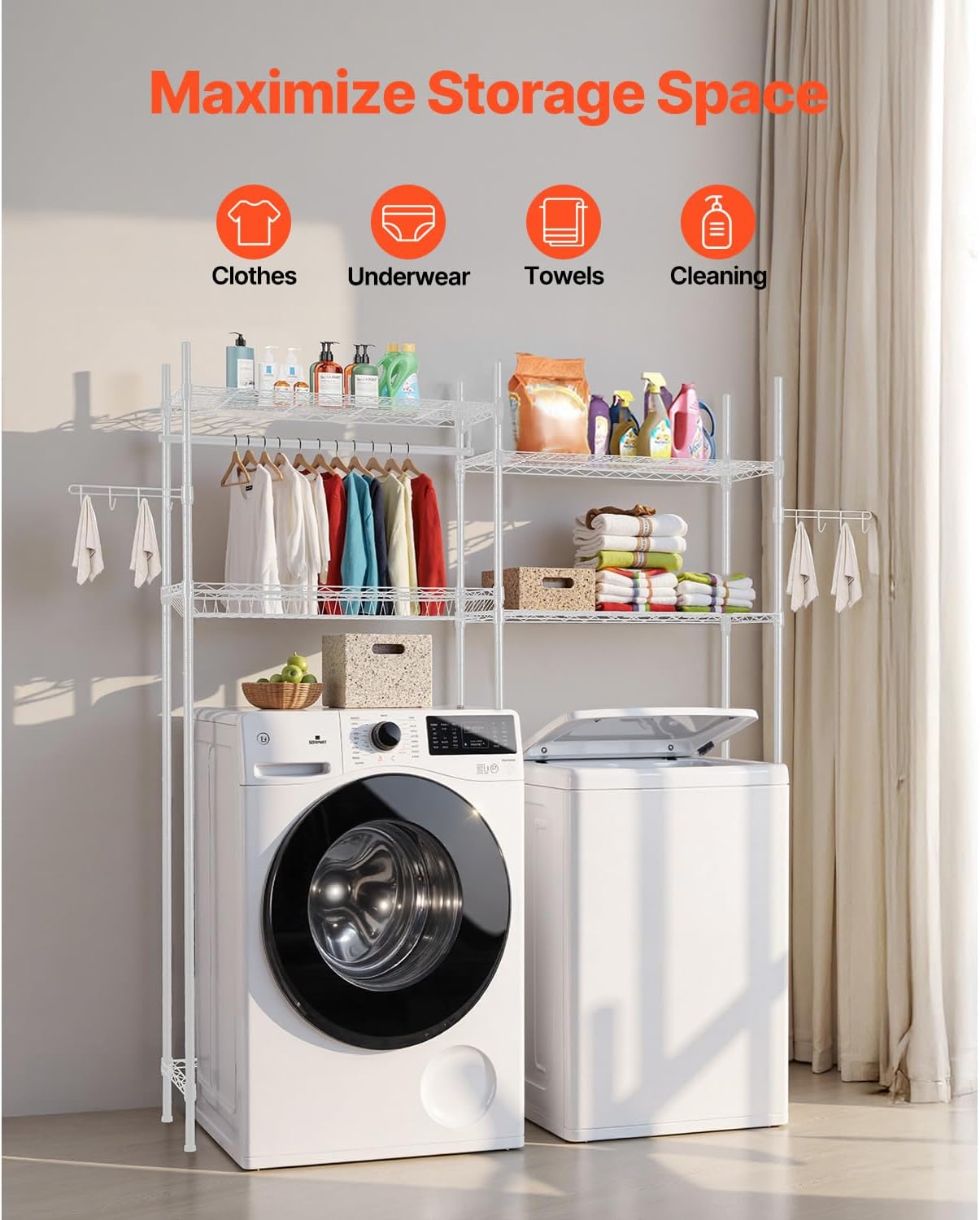 Happybuy Over Washer and Dryer Storage Shelves, 4-Tier Laundry Room Drying Rack with Hanger Rod and Hooks, Adjustable Washer Shelves Space Saver for Laundry Room Organization, White