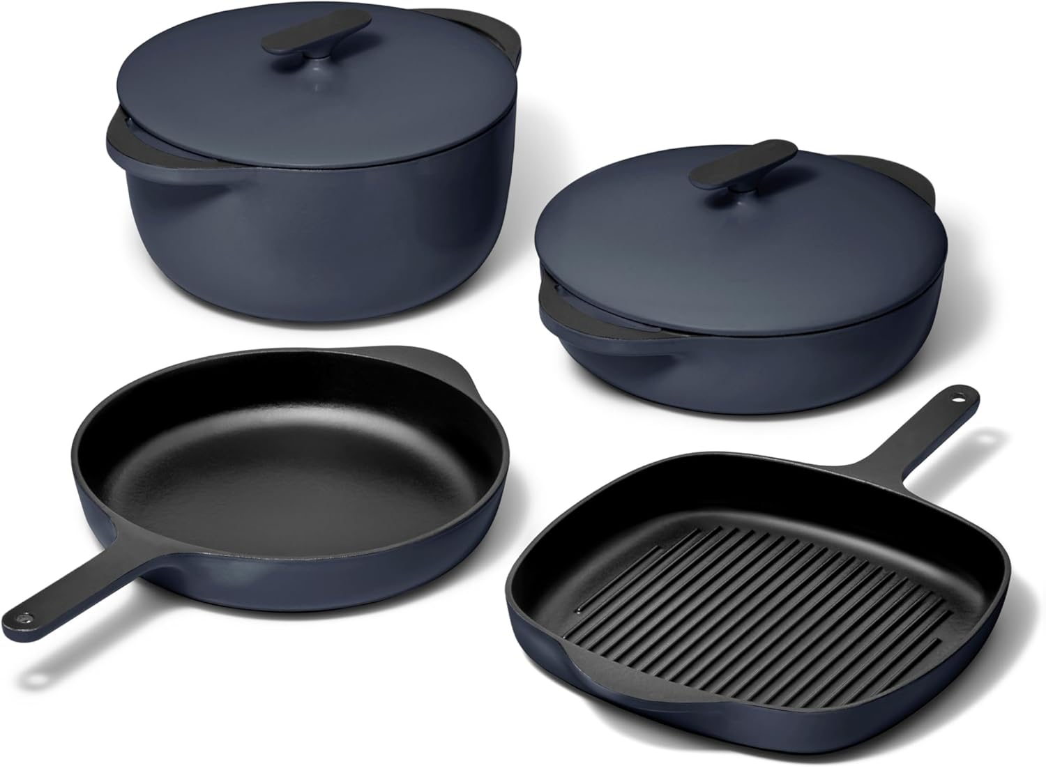 Caraway 8-Piece Enameled Cast Iron Set - 10.5” Skillet, Grill Pan, 3.5 qt Braiser Pan, 6.5 qt Dutch Oven with Lid and Organizers - Non-Toxic 3-Layer Enamel Coating - No Seasoning Required - Dark Navy