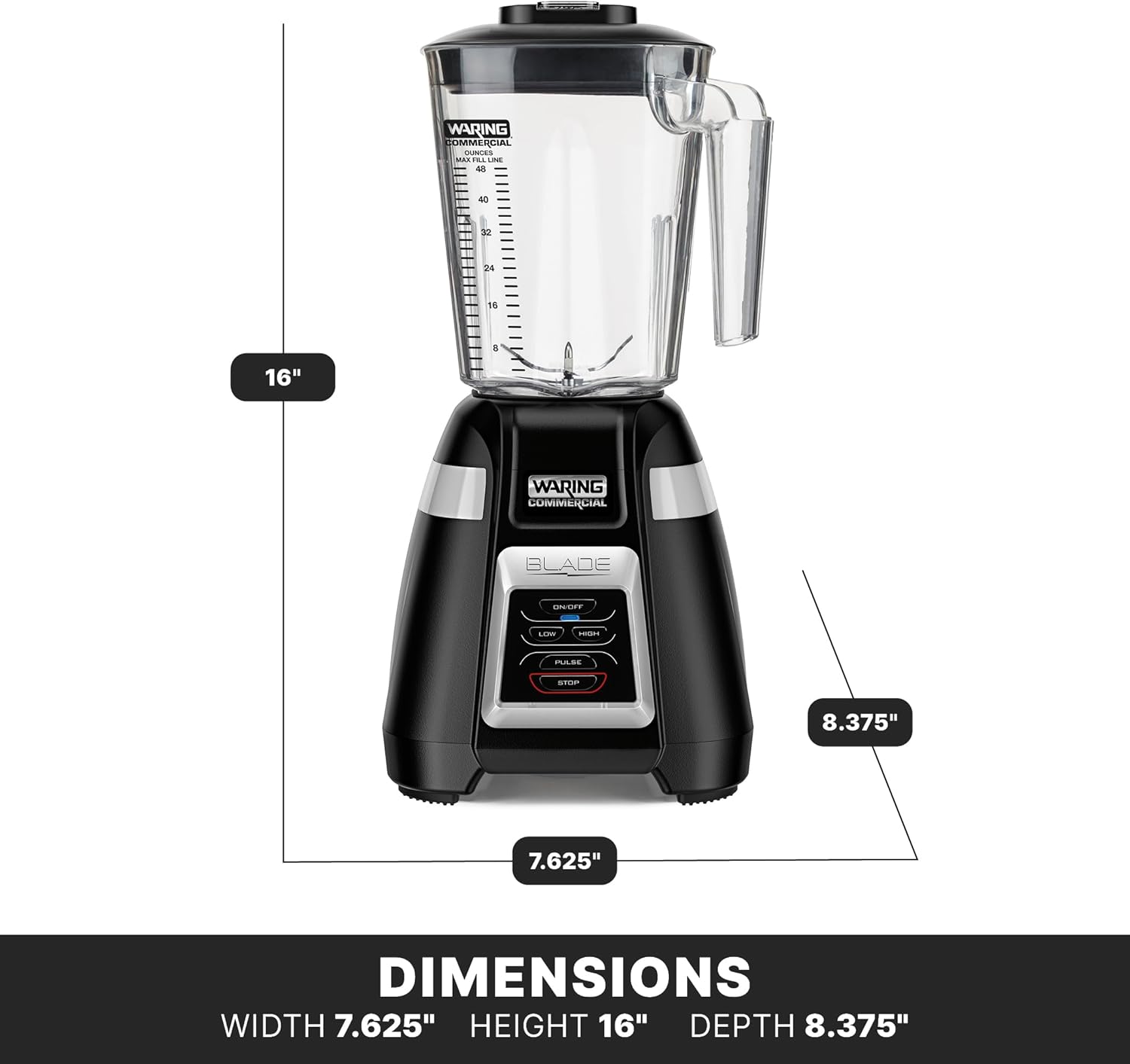 Waring Commercial BB320 Blade 1 HP Blender, Toggle Switch Controls with Pulse feature, 48 oz BPA Free Copolyester Stacking Container, 120V, 5-15 Phase Plug Black
