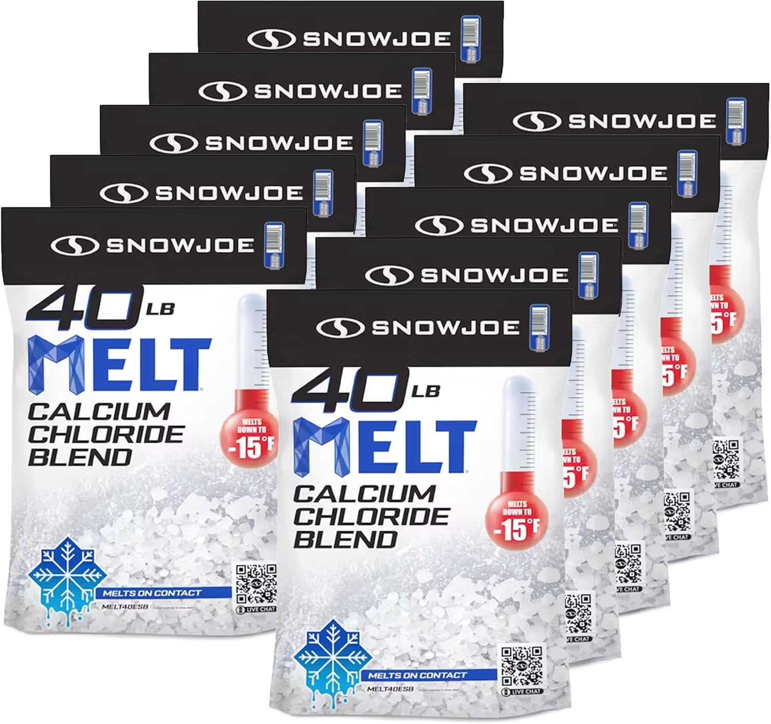 Snow Joe 10 Pack Calcium Chloride Blend Snow Ice Melt Fast-Acting Pellet-Form Deicer, 40 lb - Pet-Friendly Melter for Driveways, Roofs, Sidewalks & Stairs, Non-Tracking & Easy-Pour Pellets, MELT40ESB