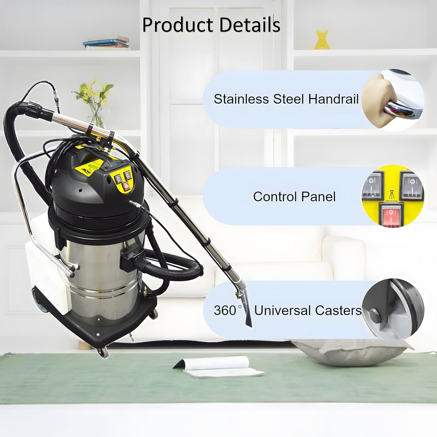 Carpet Extractor Machine 60L 3 in 1 Stainless Steel Hotel Carpet Cleaning Machine 110V 2000W for Corridor, Conference Hall and Restaurant