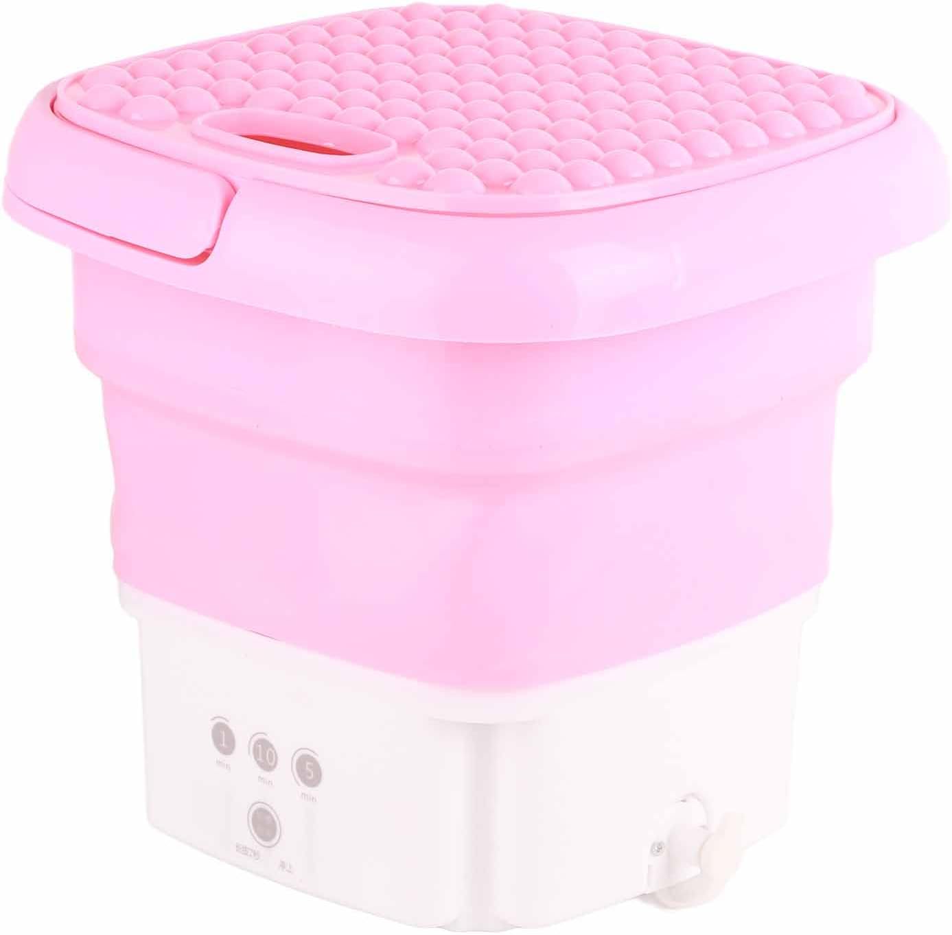 Mini Portable Washing Machine, Foldable Small Washer Bucket Type Dehydrator 3Modes Deep Cleaning Half Automatic Wash Spin Dry Drainage for Baby Clothes Underwear Items US Plug 110V-240V(Pink)