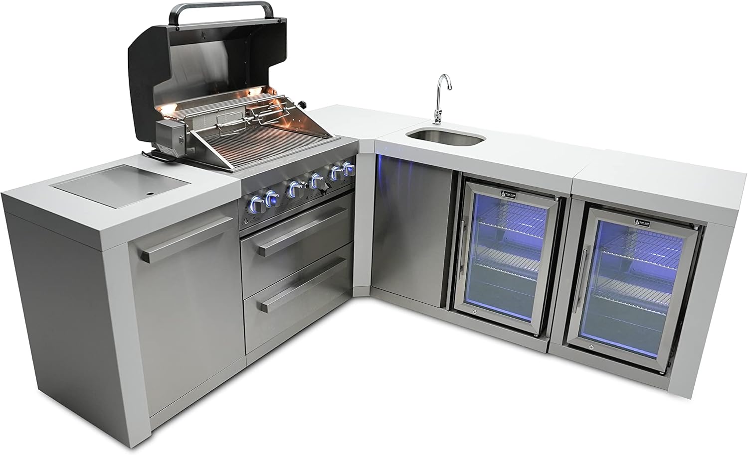 Mont Alpi MAi400-D90BEVFC 32-Inch 4-Burner 78000 BTU 90 Degree Deluxe Island Outdoor Kitchen Bar Gas Island Grill w/Wine Cooler Beverage Center Refrigerator + Granite Countertops + Faucet & Sink